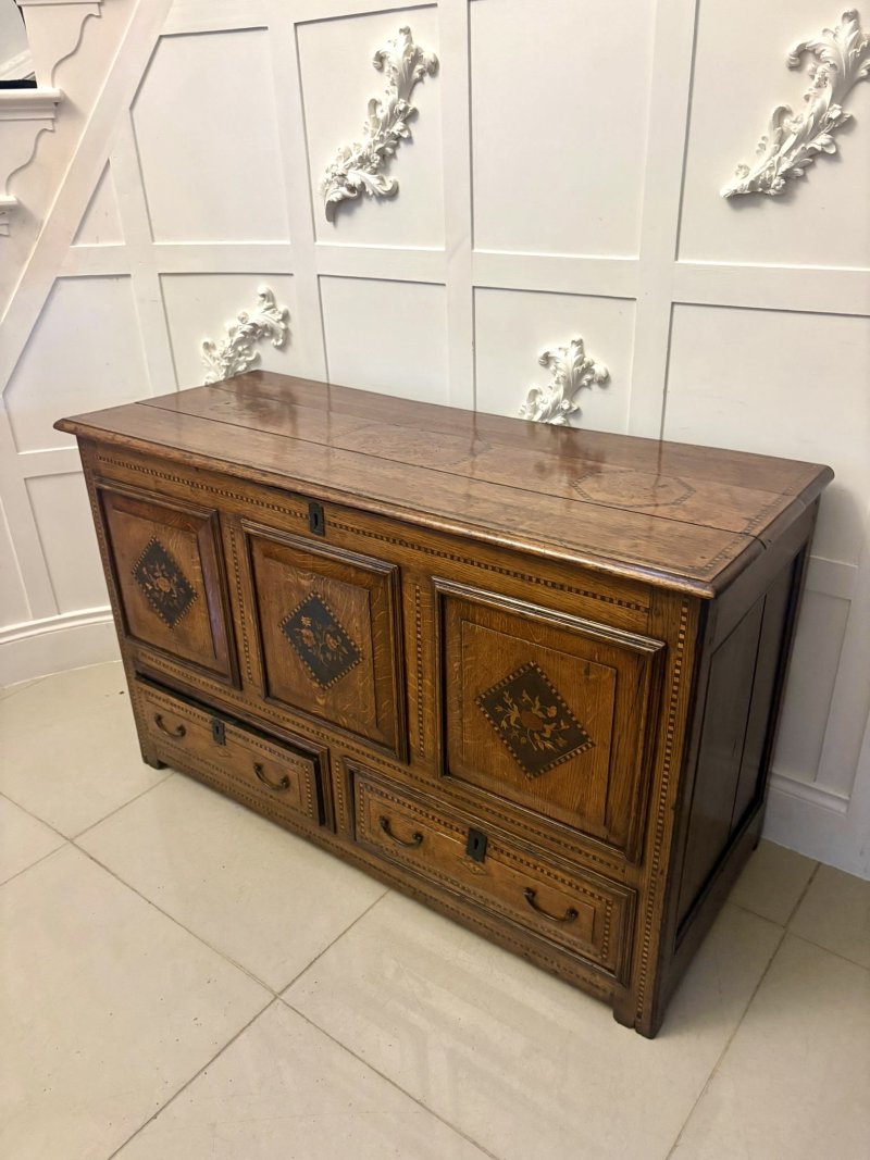 Exceptional Quality 17th Century Antique Oak Mule Chest with Marquetry Inlay